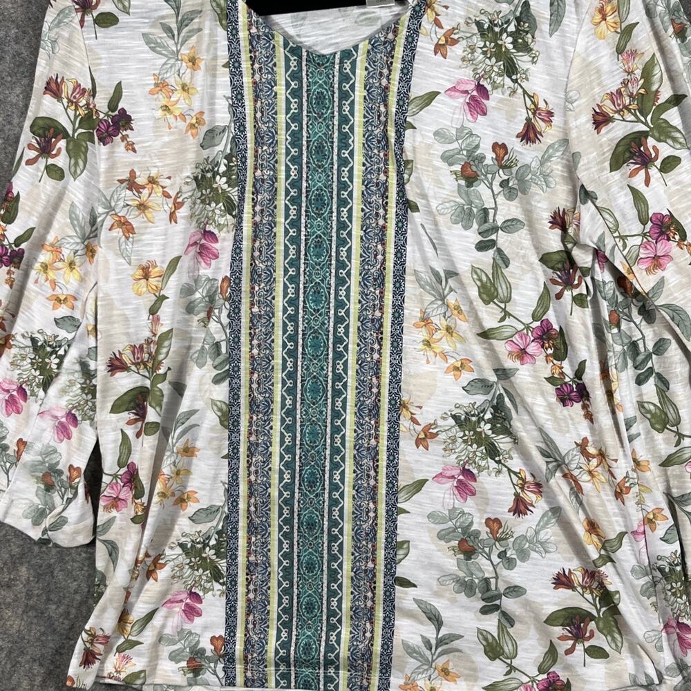 CJ Banks Boho Peasant Top Tunic Sz LG Floral Print Pom Poms 3/4 Sleeves - Picture 4 of 8